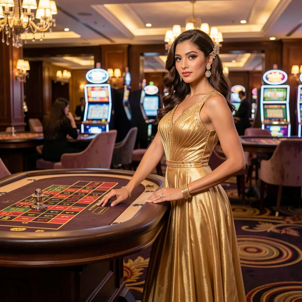 Confident casino hostess in a sparkling gold dress standing near a roulette wheel inside the luxurious GV44 casino atmosphere in Bangladesh