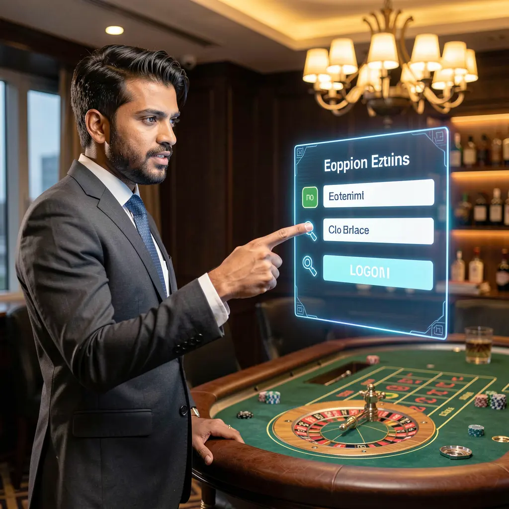 Elegant Bangladeshi casino dealer interacting with a futuristic holographic login panel above a roulette table at GV44